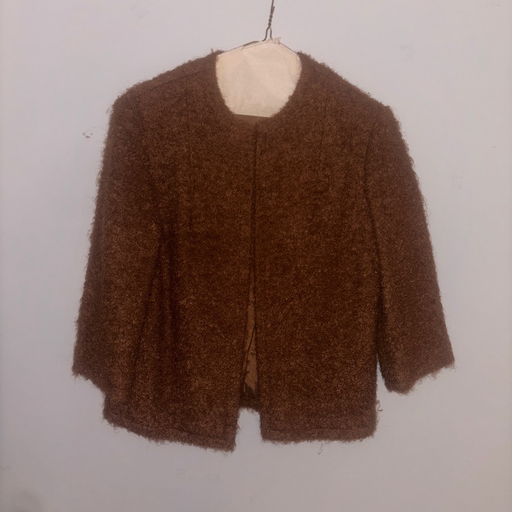 Vintage Brown Bouclé Open Front Jacket – Mid-Century Style, Fully Lined